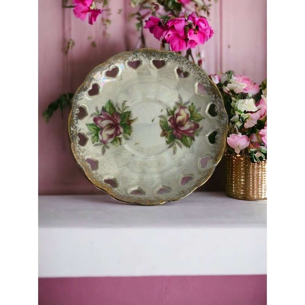 Vintage Ucagco Iridescent Lusterware Plate Flower Saucer Pink Roses Japan 5.5"